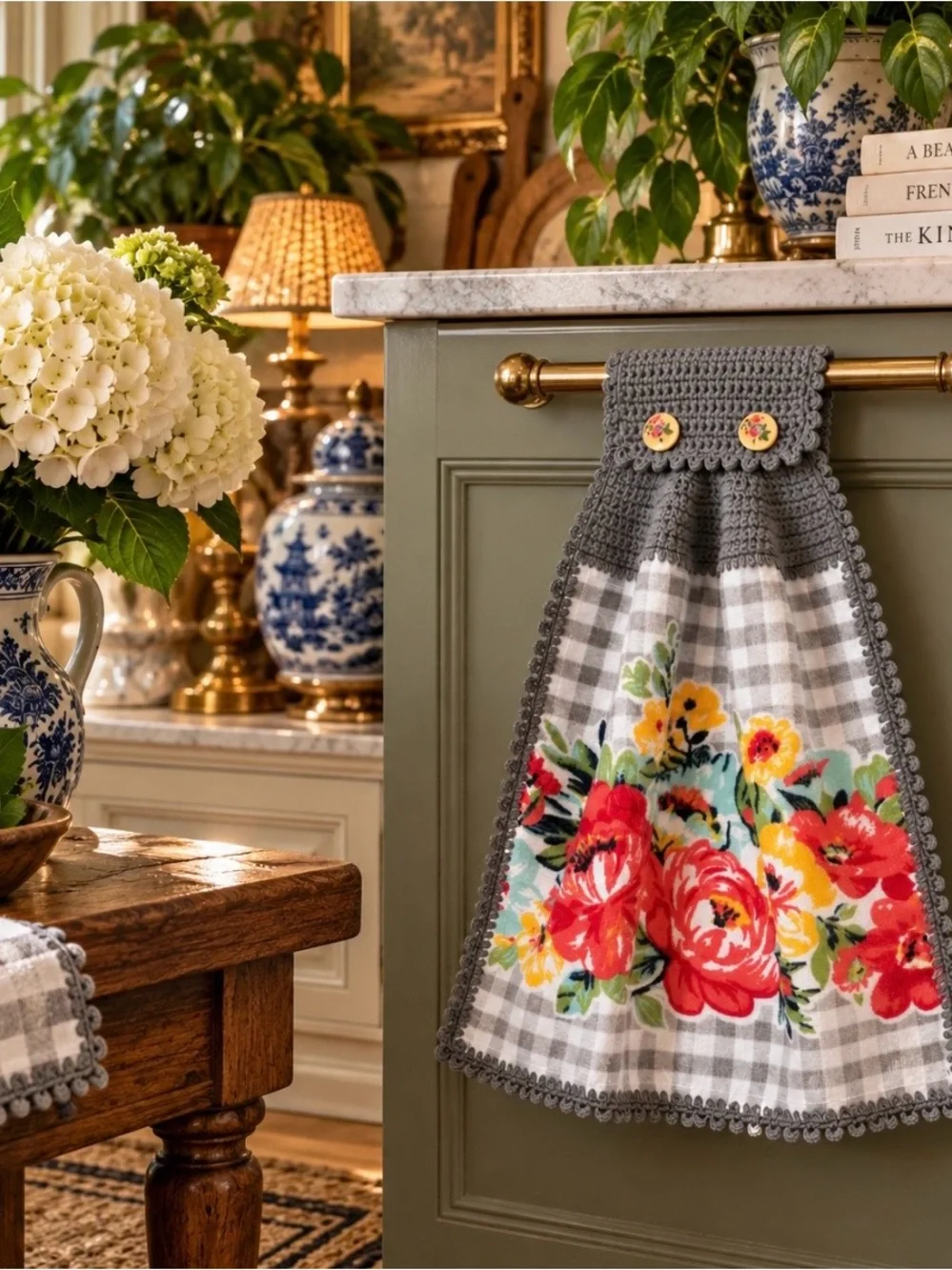 Handmade Crochet Pioneer Woman Hanging Kitchen Towel Gray Gingham Floral